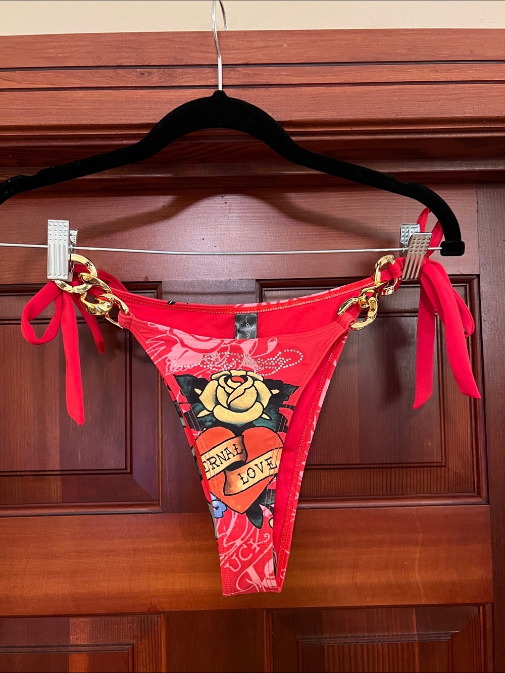 Ed Hardy Red & Gold Chain Tie-Side Bikini Bottom
Chain Link Rose-Red